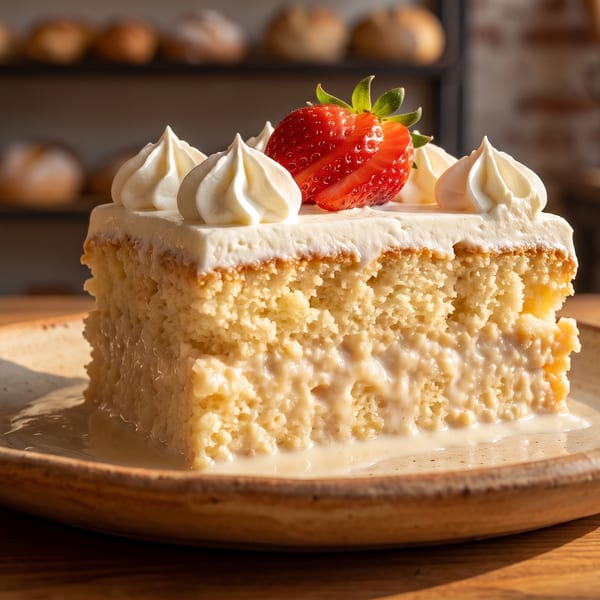 Slice of tres leches cake with whipped cream and a strawberry on a plate, bakery in background.