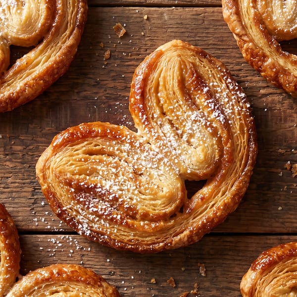 Several golden-brown, heart-shaped palmiers dusted with powdered sugar on a rustic wooden surface.