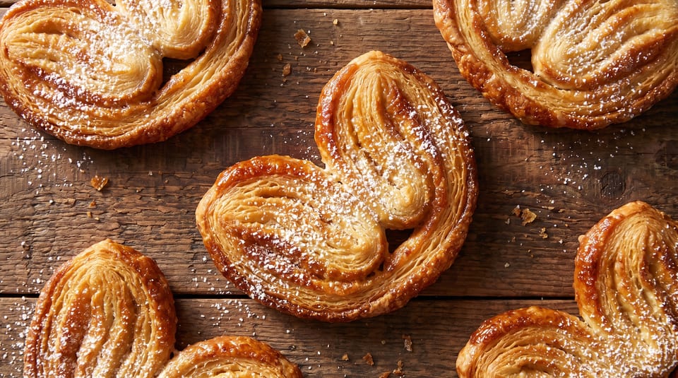 Several golden-brown, heart-shaped palmiers dusted with powdered sugar on a rustic wooden surface.