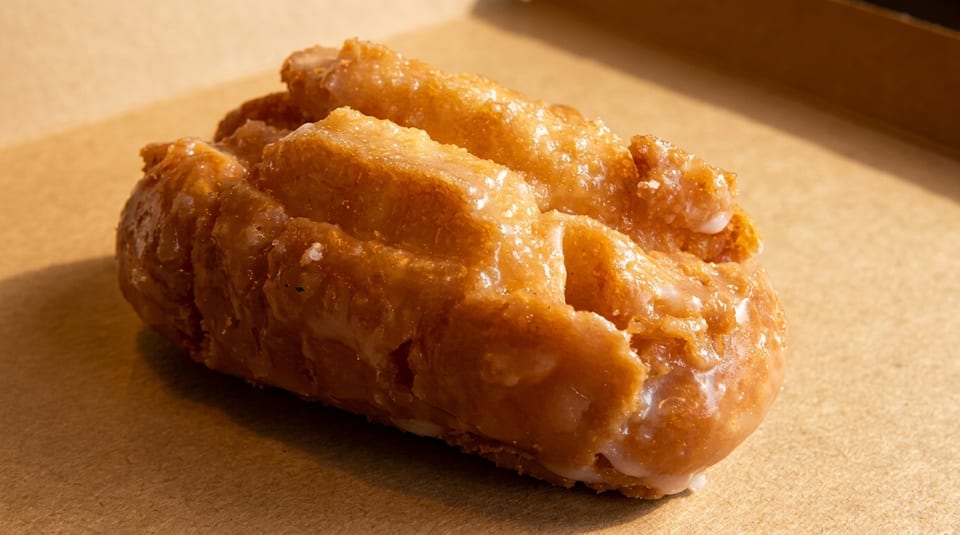Close-up of a golden-brown glazed cruller donut resting on a light brown surface.