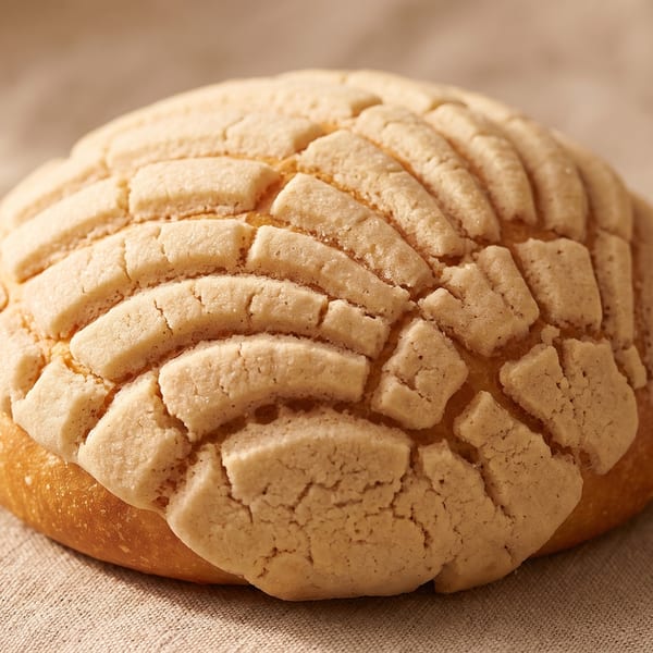A single concha, a Mexican sweet bread, with a shell-like sugar topping on a light fabric surface.
