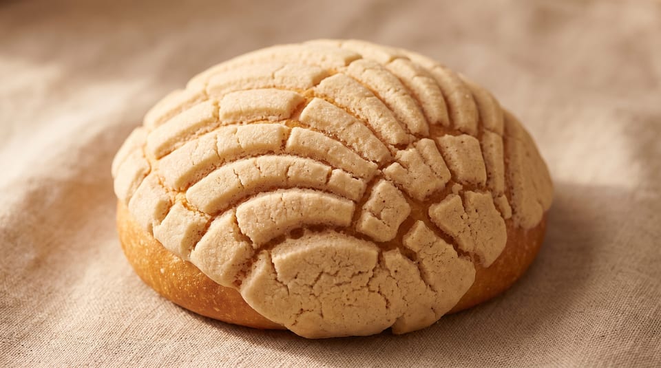 A single concha, a Mexican sweet bread, with a shell-like sugar topping on a light fabric surface.