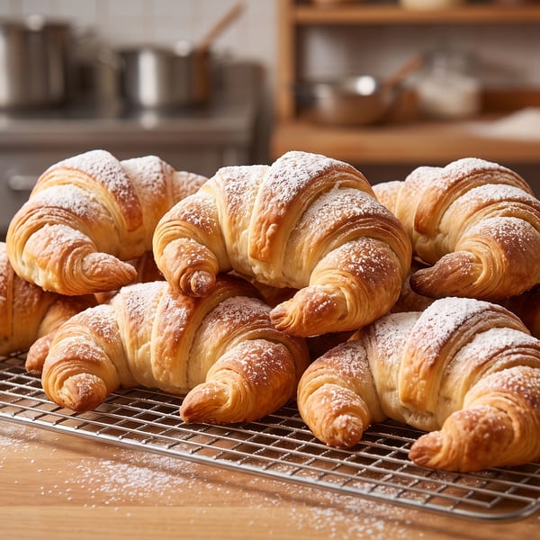 A pile of golden-brown croissants dusted with powdered sugar on a cooling rack in a kitchen.