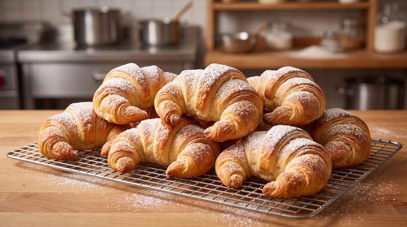A pile of golden-brown croissants dusted with powdered sugar on a cooling rack in a kitchen.