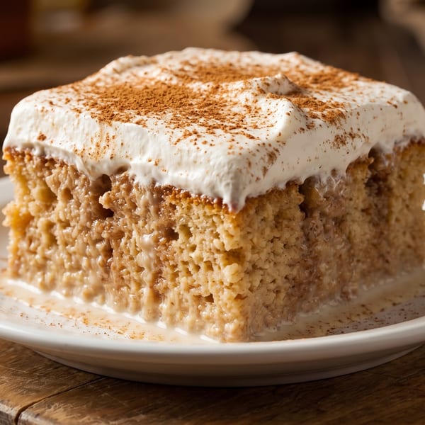 Slice of tres leches cake with whipped cream and cinnamon on a white plate.
