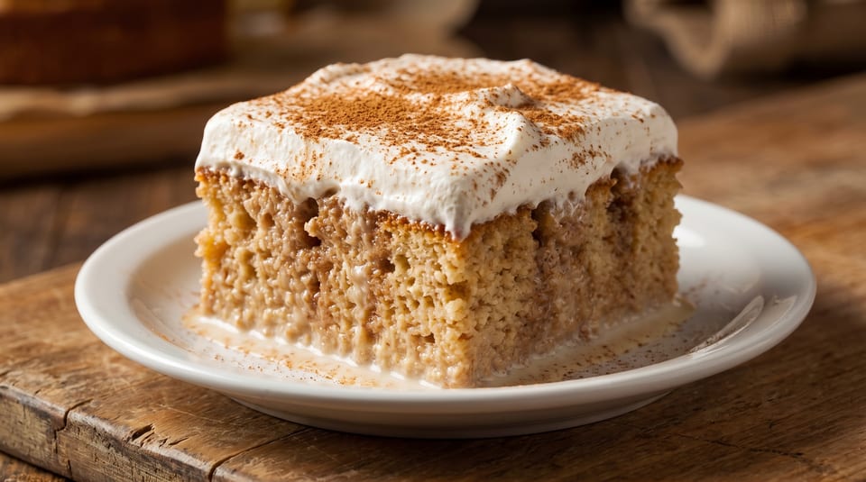 Slice of tres leches cake with whipped cream and cinnamon on a white plate.