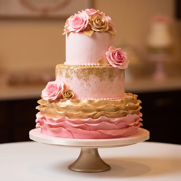 Elegant three-tier pink and gold cake adorned with roses on a white table.