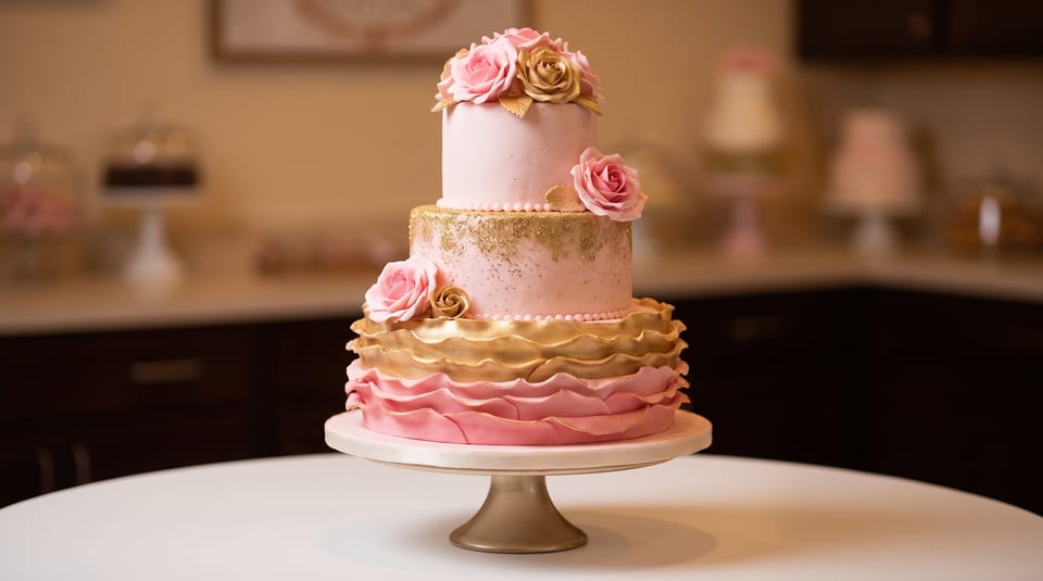 Elegant three-tier pink and gold cake adorned with roses on a white table.