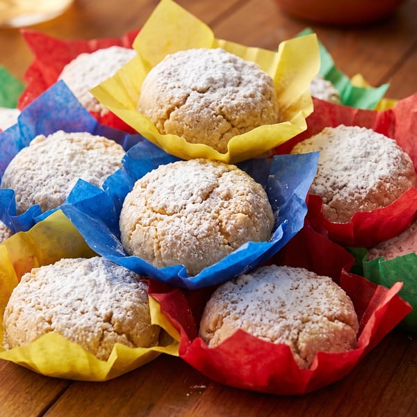 Powdered sugar cookies in colorful red, yellow, blue, and green wrappers on a wooden table.