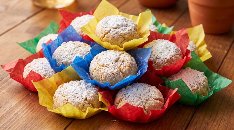 Powdered sugar cookies in colorful red, yellow, blue, and green wrappers on a wooden table.