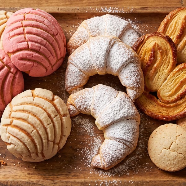Assortment of Mexican pastries, including pink and white conchas, powdered sugar croissants, and palmiers.