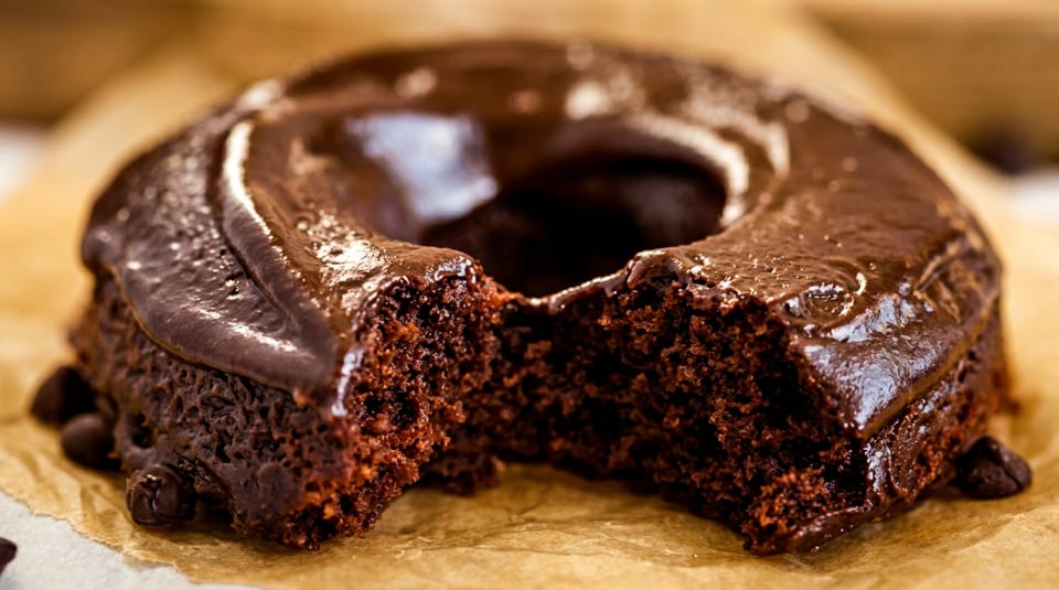 Close-up of a chocolate bundt cake with a slice removed, revealing its moist interior.