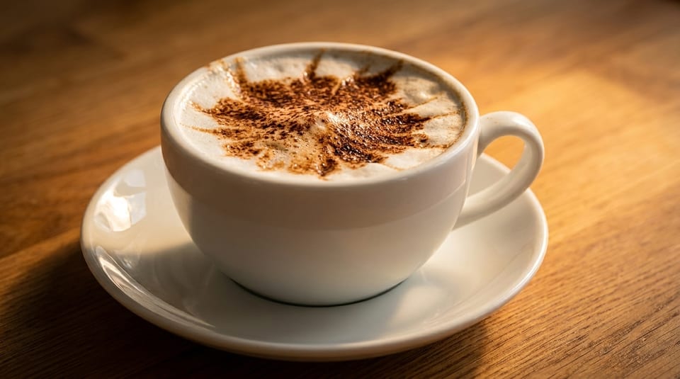 A white cup of cappuccino with cocoa powder art on top, sitting on a wooden table.