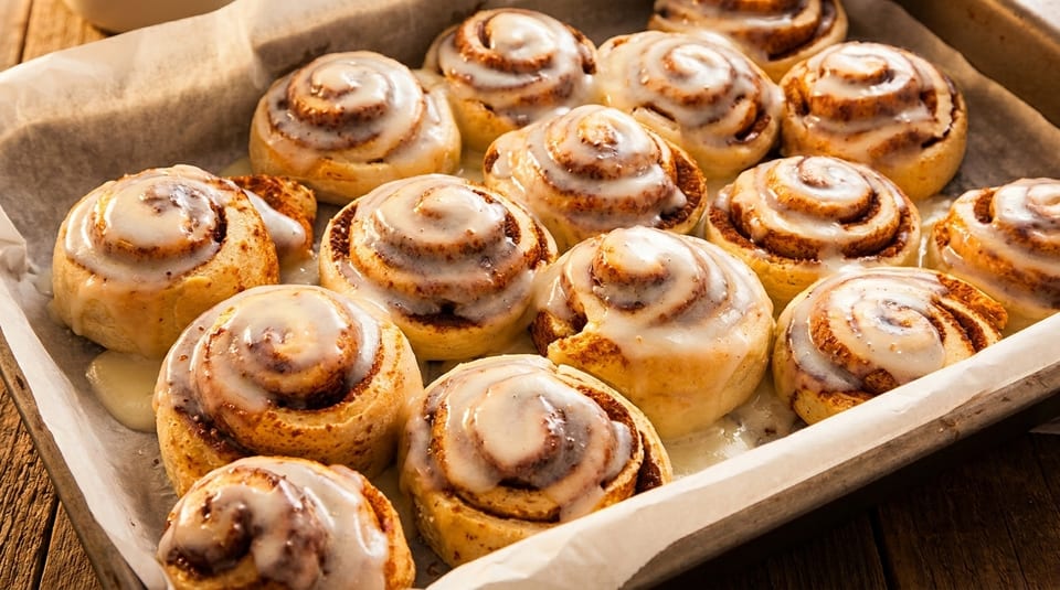 Freshly baked cinnamon rolls with white icing in a baking pan lined with parchment paper.