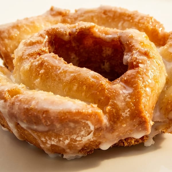 Close-up of a golden-brown glazed donut with a hole in the center, resting on a light surface.