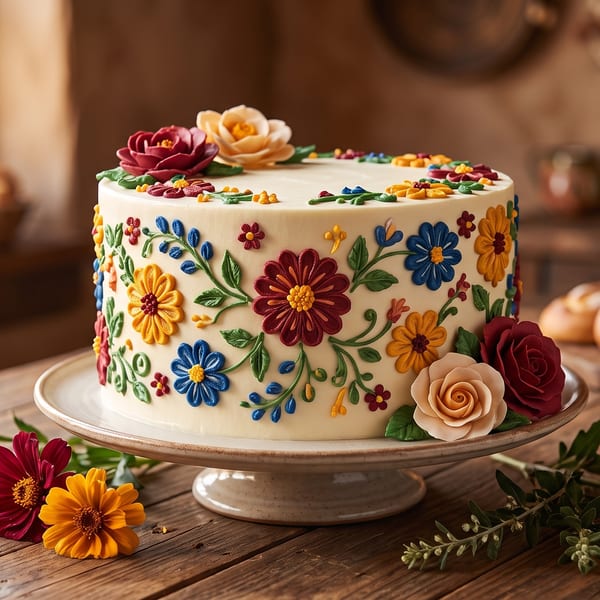 A white cake with colorful floral icing designs sits on a wooden table with bread and flowers.