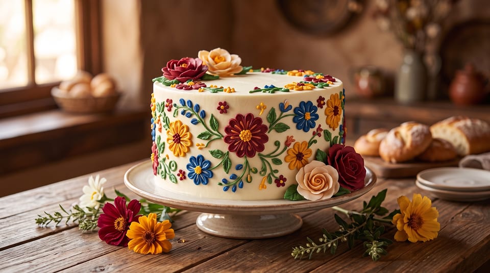 A white cake with colorful floral icing designs sits on a wooden table with bread and flowers.