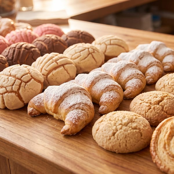 Assortment of Mexican pastries, including conchas, croissants, and palmiers, on a wooden counter.