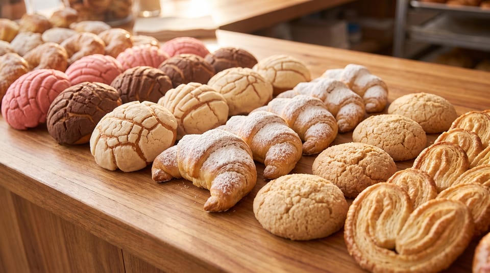 Assortment of Mexican pastries, including conchas, croissants, and palmiers, on a wooden counter.